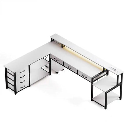 Weißer L-förmiger Schreibtisch mit LED Beleuchtung Schubladen Regal USB Steckdosen Computertisch 200cm