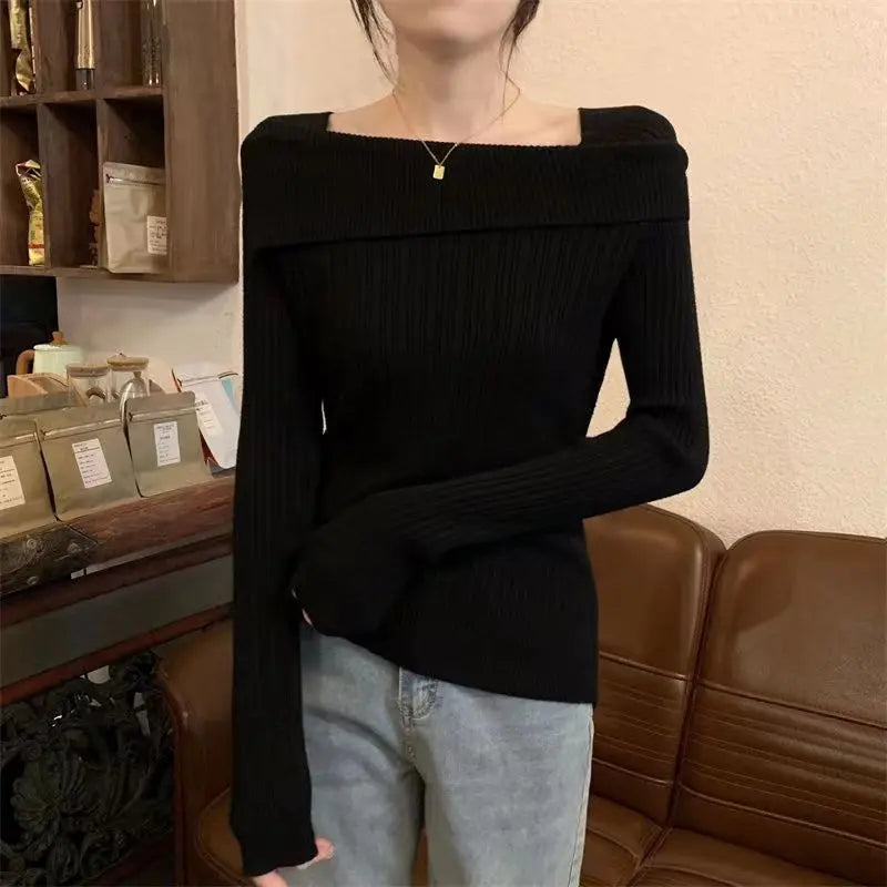 Solide Sexy Schlank Off Schulter Slash Neck Langarm Stricken Pullover Frauen Jumper Büro Mode Neue.