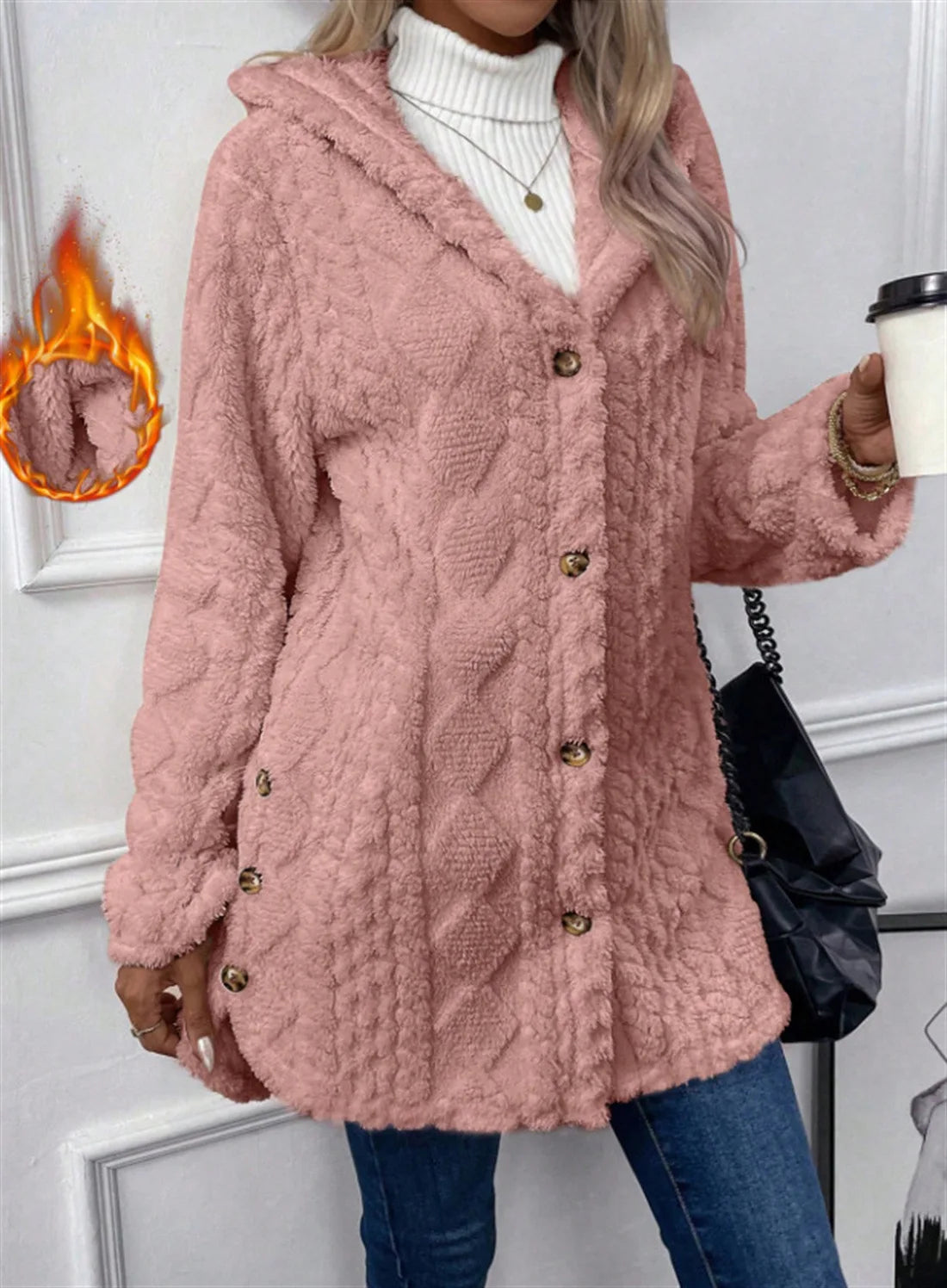 Women Cardigan Hoodie Jacket Autumn Winter Argyle Textured Pattern Hooded Irregular Hem Buttons Fleece Oversized Outerwear Coat.