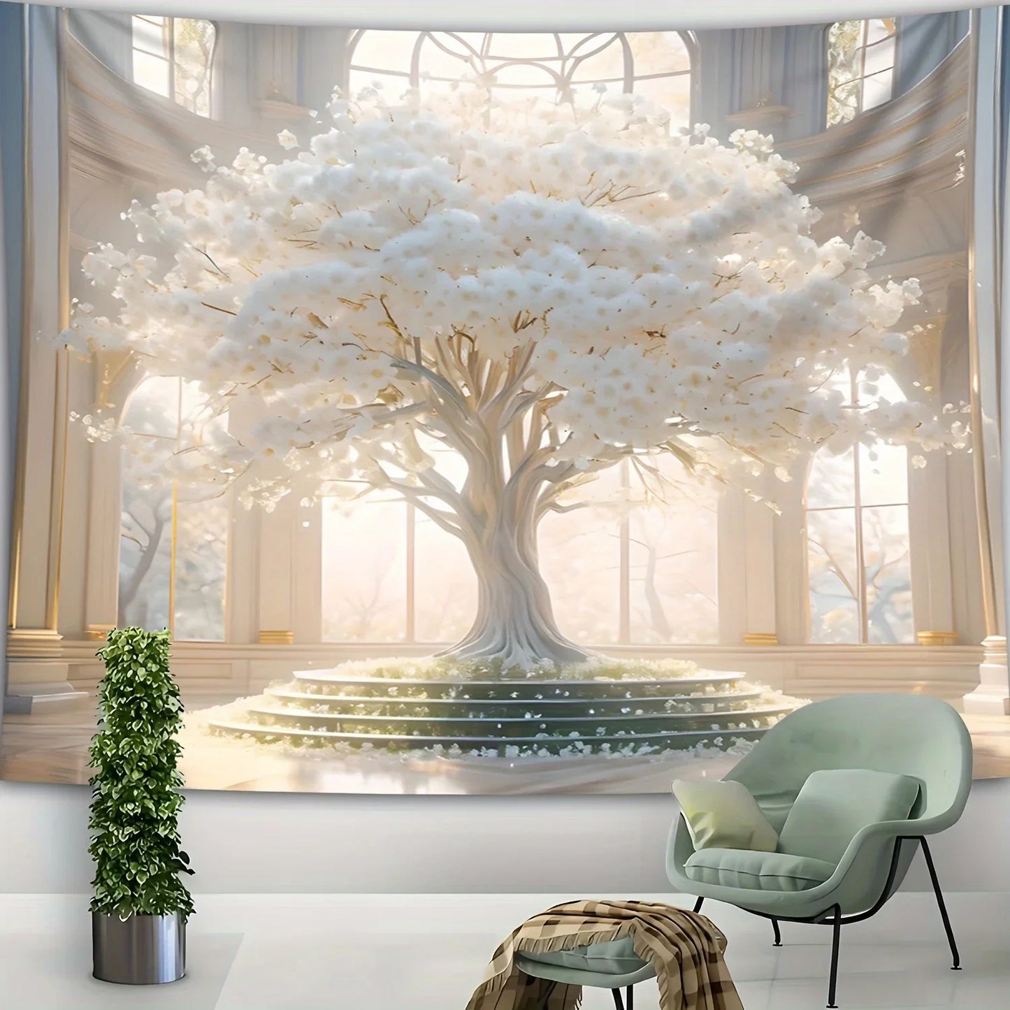 Large Romantic White Tree of Life Tapestry Anti Wrinkle and Fade Resistant Wall Hanging For Dormitory Elegant Home Decor.