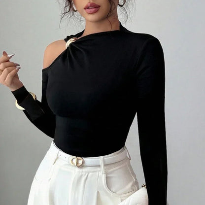 Fashion Women Blouses Sexy Cold Shoulder Skinny Top Elegant Long Sleeve Shirt Women Sexy Tops Female All Match Shirt Black.