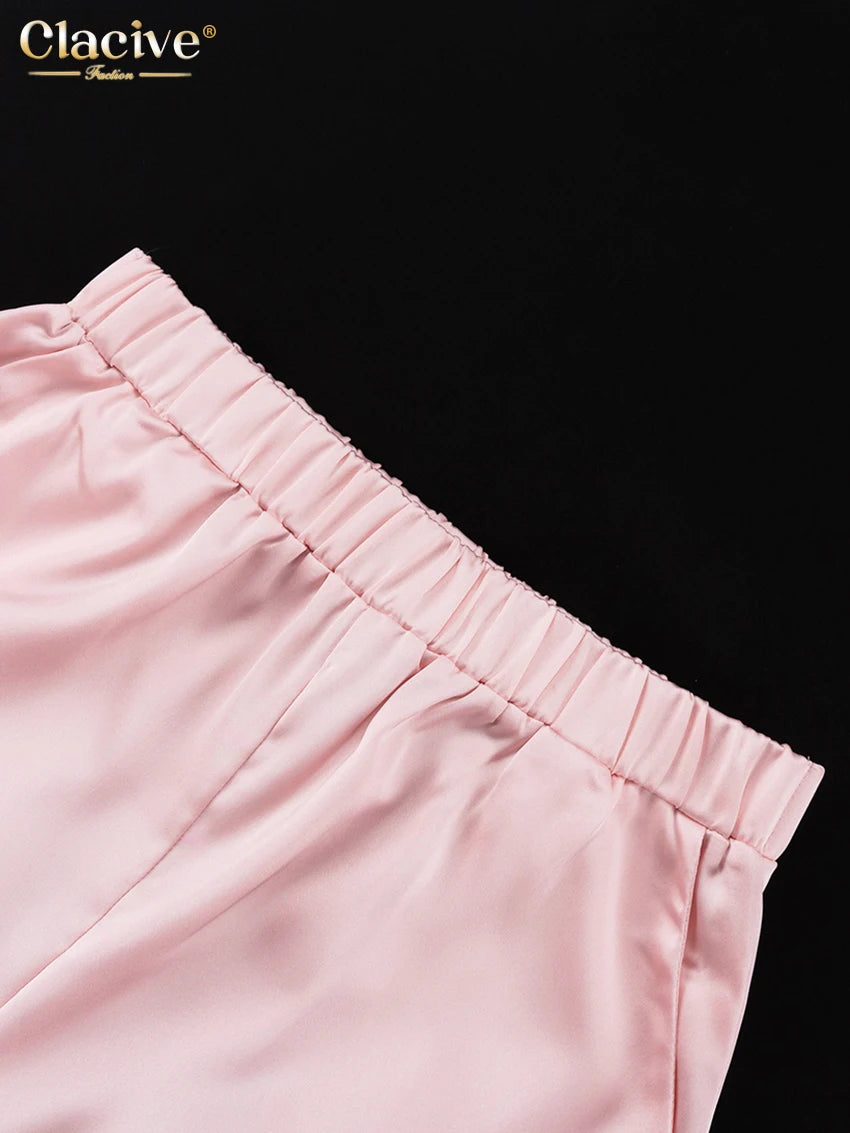 Clacive Fashion Loose Pink Satin Pants Sets For Women 2 Pieces Elegant Long Sleeve Shirt With High Waist Wide Trousers Suits.