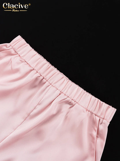 Clacive Fashion Loose Pink Satin Pants Sets For Women 2 Pieces Elegant Long Sleeve Shirt With High Waist Wide Trousers Suits.