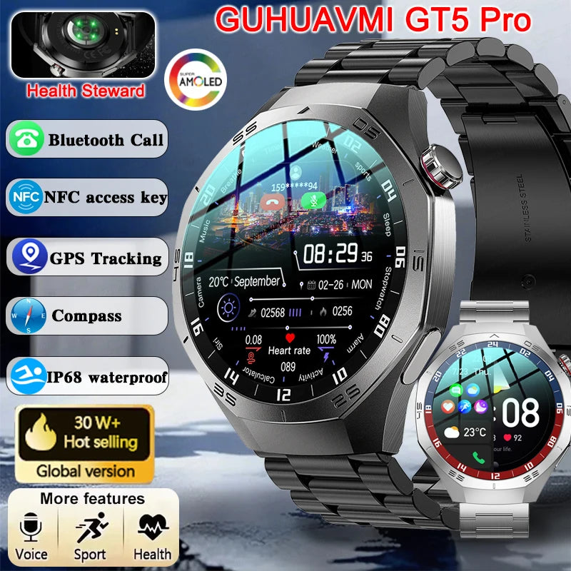 2025New GUHUAVMI GT5 Pro Smart Watch Men HD AMOLED Screen GPS Motion trajectory HeartRate Bluetooth Call 1.52" SmartWatch IP68.