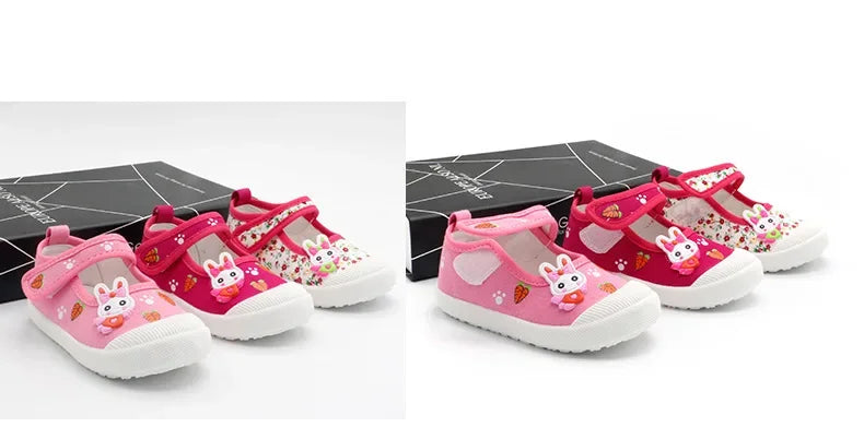 JGSHOWKITO Girls Canvas Shoes Soft Sports Shoes Kids Running Sneakers Candy  With Cartoon Rabbit Carrots Prints Children.