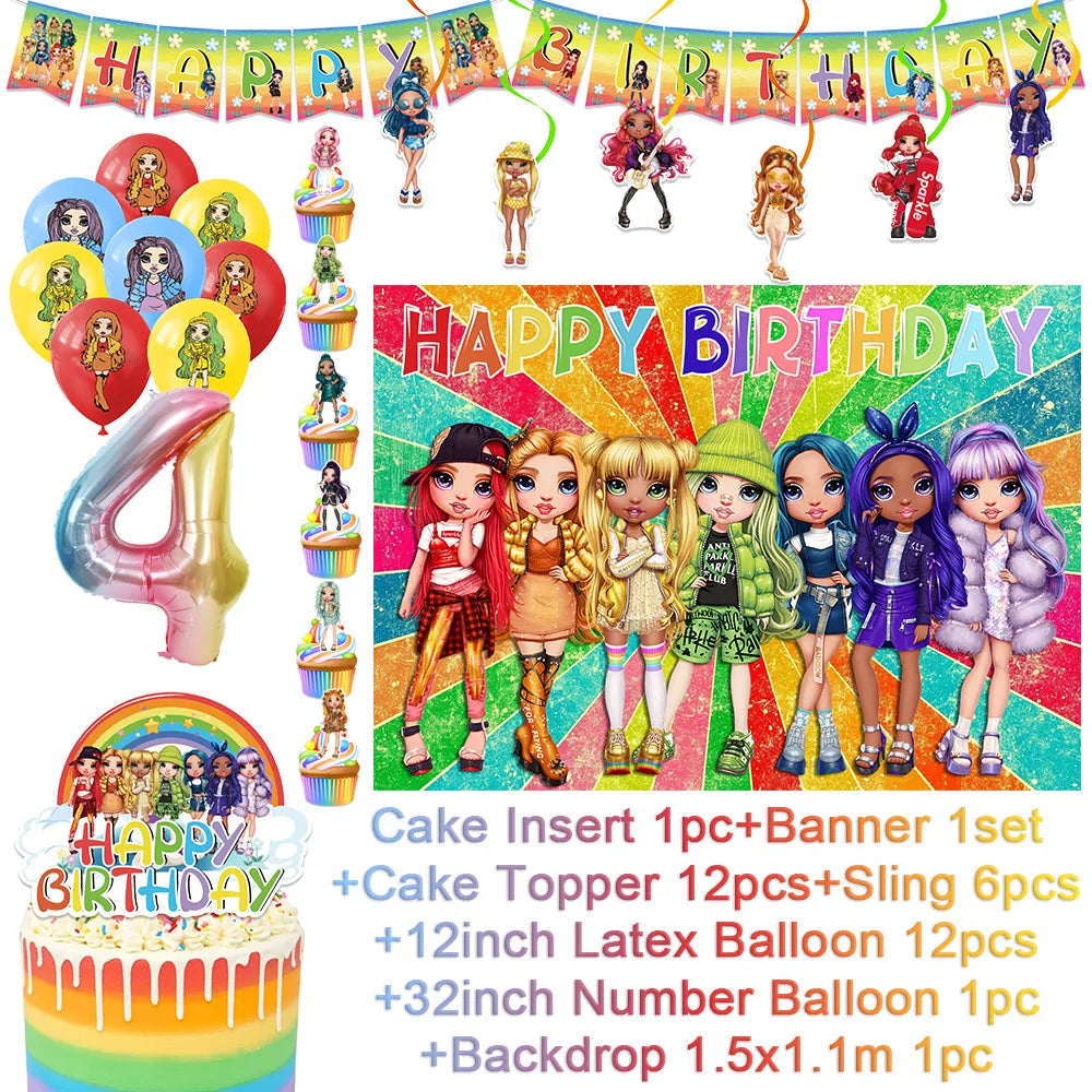 Cartoon Regenbogen Puppe High School Thema Hintergrund Geburtstag Party Dekoration Lieferungen Einweg Tasse Besteck Ballon Baby Geschenk.