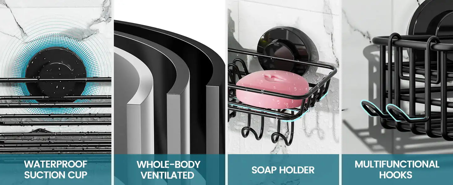 TAILI Dusch-Caddy mit Saugnapf, 2er-Pack mit Haken und Seifenhalter, robuster Badezimmer-Dusch-Organizer, ohne Bohren von Duschregalen