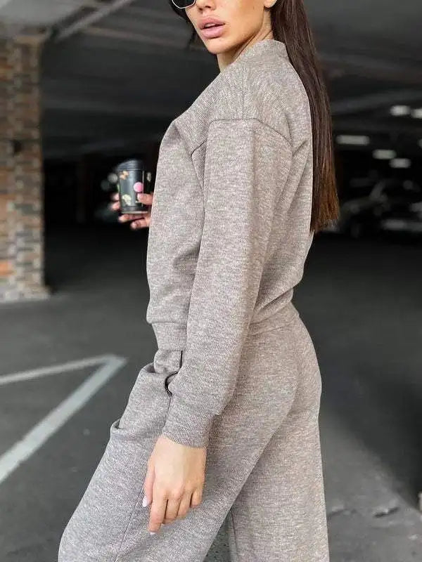 Autumn Fashion Knitted Cotton Women's Sports Jacket Suit Simple Trousers Pocket Casual Cardigan Elegant 2-piece Set Female.