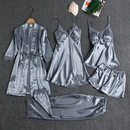 5-teiliges Set Damen-Nachtwäsche, sexy Seiden-Nachthemd, Spitzen-Satin-Nachthemd, Weste mit V-Ausschnitt, atmungsaktiv, bequemes Damen-Nachthemd.