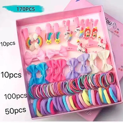 170pcs Children's Accessories Hair Clip Hair Card Princess Hair Rope Gift Box Side Clip Hair Accessories Combination Set.