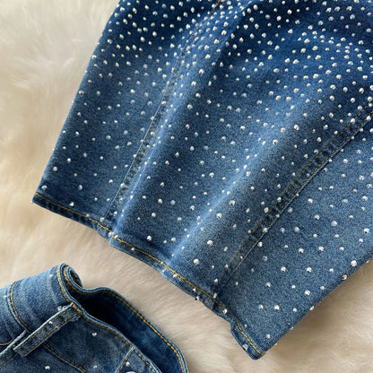 Denim Pant Set Women Two Piece Sets Sexy Matching Sets Sleeveless Short Tops Long Flare Pants High Waist Slim Hot Diamond.