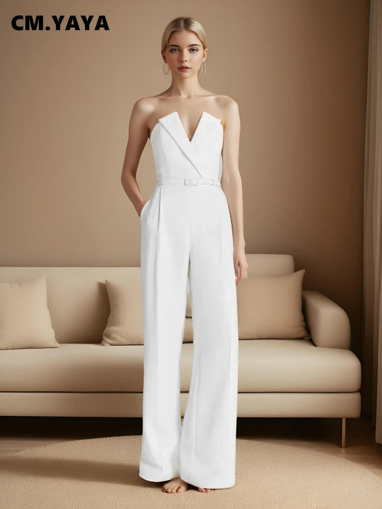 CM.YAYA Women Wide Leg Strapless V-neck Sleeveless Jumpsuits 2025 Summer OL Beach Night Club Party Street One Piece Suit Romper.