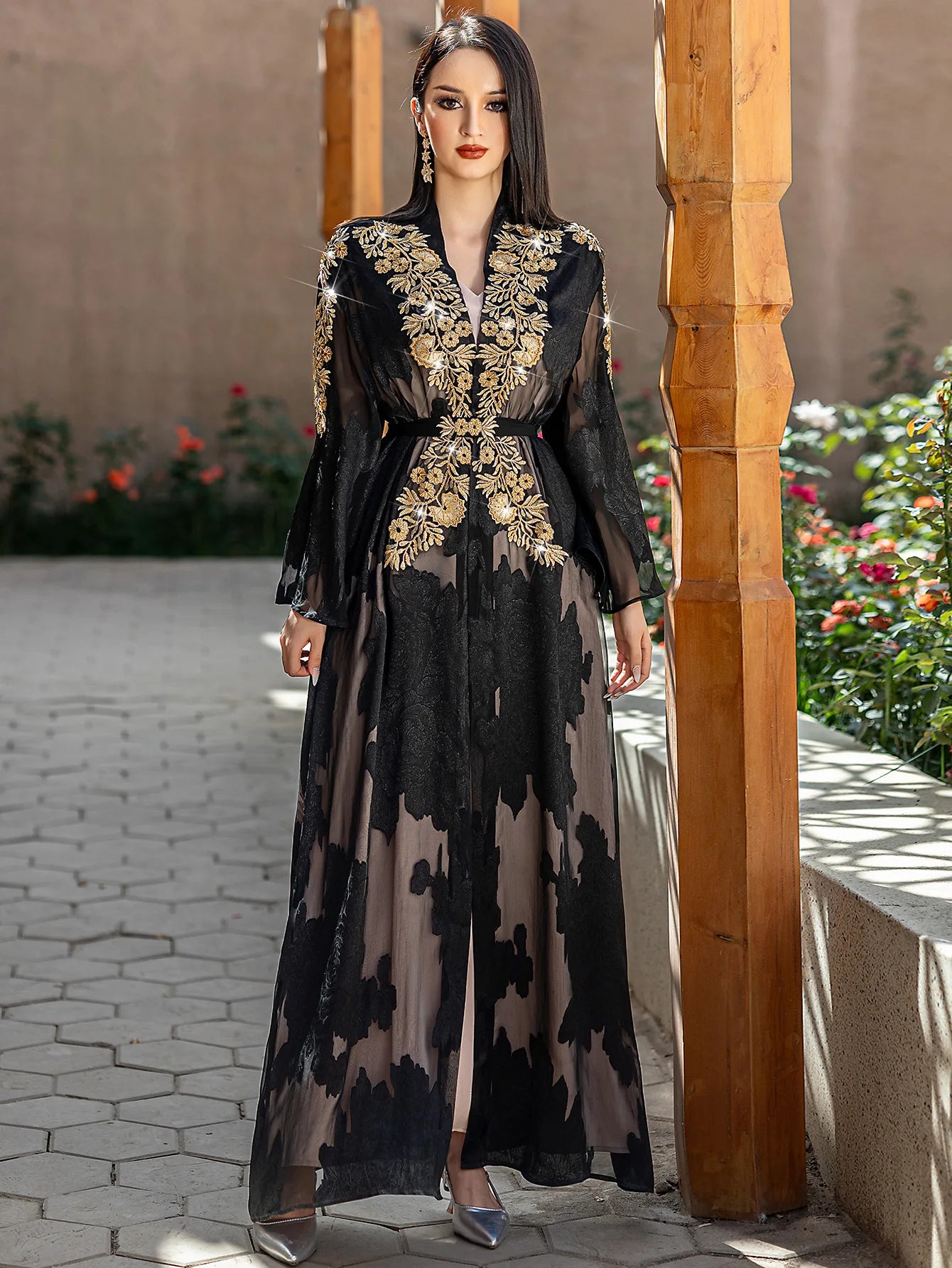 Fashion Lace Embroidered 2 Piece Set Robe Belt Abaya Dubai Kaftan Women Muslim Dress Morocco Caftan Ramadan Kebaya Jalabiya Gown