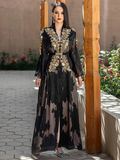 Fashion Lace Embroidered 2 Piece Set Robe Belt Abaya Dubai Kaftan Women Muslim Dress Morocco Caftan Ramadan Kebaya Jalabiya Gown