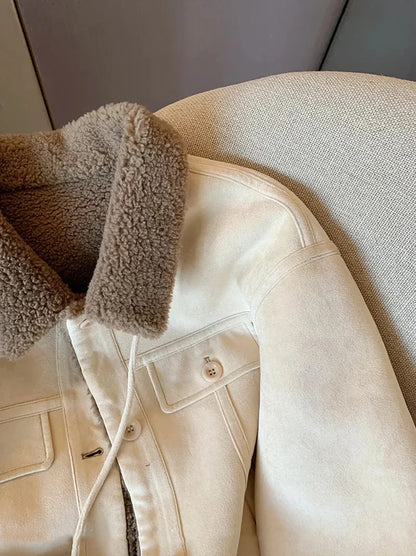 Wildleder Samt Lamm Jacke Frauen Herbst Winter Dicke Warme Turndown Kragen Mantel Y2K Lose Streetwear Alle Spiel Langarm Outwear.