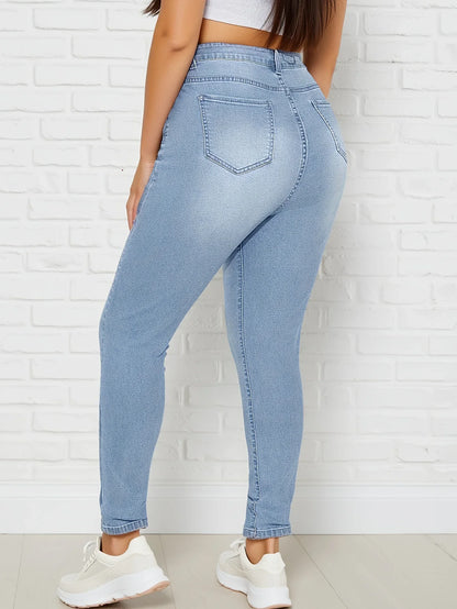 Classic Elastic Slim Fit Denim Jeans Mid Waist Cotton Blue Jeans Women's plus Size Jeans Fashionable Versatile Light Blue.