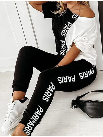 2023 Women's Spring Summer Sportswear Two-piece Set With Patchwork Letters Short Sleeved Long Pants Casual Women's Two-piece Set.