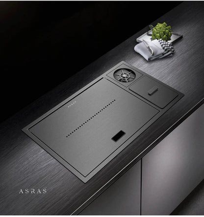 ASRAS Nanometer Hidden Flip Cover kitchen Island Sink 4mm Thickness Handmade Cup Rinser And Trash Can Kitchen Sinks