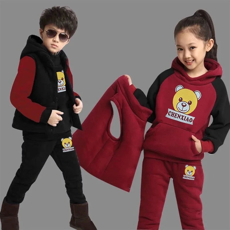 2024 Boys Padded Warm Set Children's Hooded Cartoon Solid Colour 3 Pcs Autumn Winter New Girls Sweatshirt Cute Casual Suit 4-12Y.