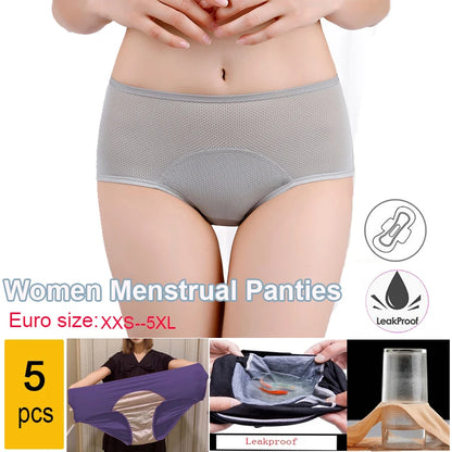 5 Piece Set Menstrual Panties Women Leak Proof Period Underwear Europe Size XXS-5XL Physiological Waterproof Pants.