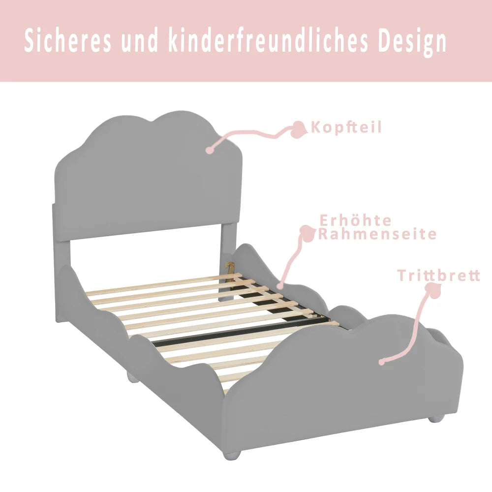 Kinderbett 90 x 200 cm hohes Geländer, Kinderbettgestell mit wolkenförmigem Kopf und Fußteil, Bett aus hautfreundlichem Samt