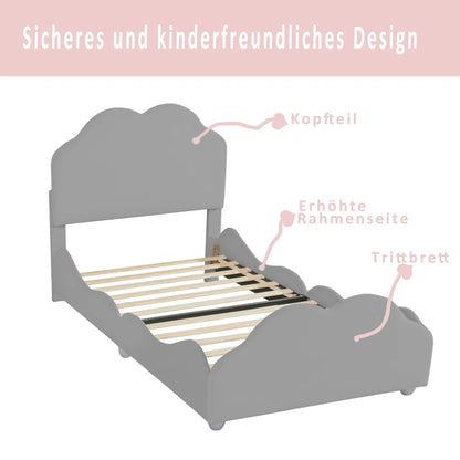 Kinderbett 90 x 200 cm hohes Geländer, Kinderbettgestell mit wolkenförmigem Kopf und Fußteil, Bett aus hautfreundlichem Samt