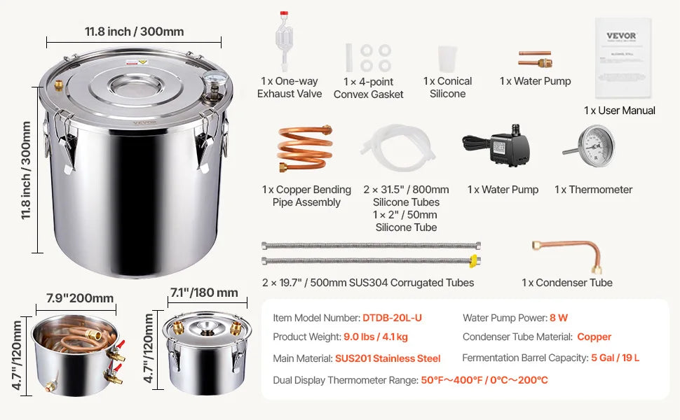 SucceBuy Alcohol Still Stainless Steel Water Alcohol Distiller Fast Cooling Dual Condenser Distiller Kit for Wine Whisky Brandy.