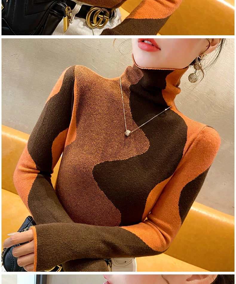 Women Clothing Vintage Fashion Slim Turtleneck Sweaters Autumn Winter Elegant Chic Patchwork Knit Pullovers Office Lady Tops.