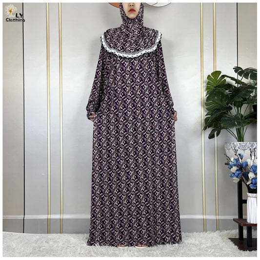 Muslim Ramadan Prayer For Women Long Sleeved Floral 2023Dubai Turkey Middle East Femme Loose Robe African Abayas Headscarf Dress.