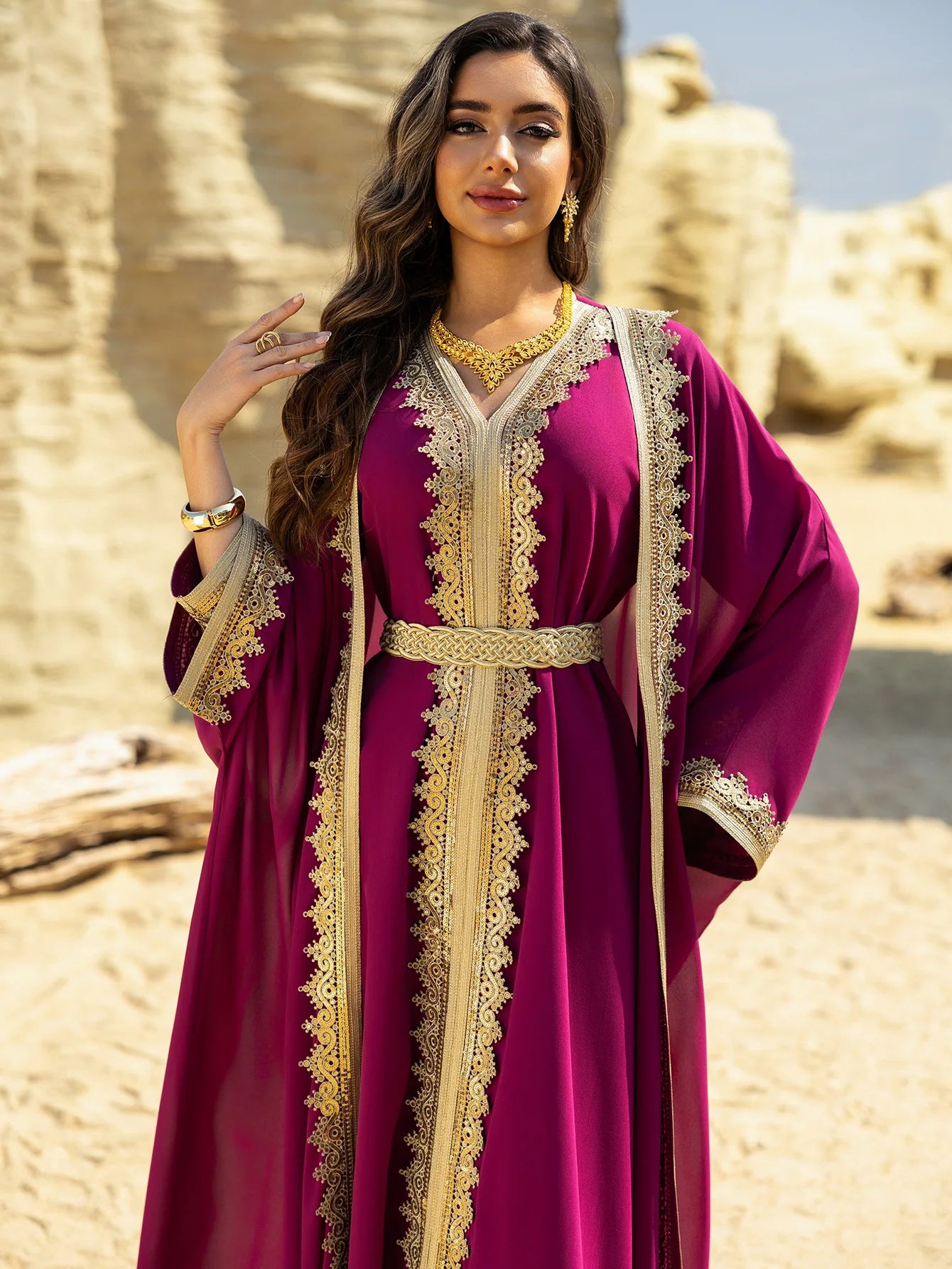 Eid Frauen Abaya Kleid Muslim 2-teiliges Set Strickjacke mit Innenkleid Schnürmantel Kaftan Robe Jalabiya Ramadan Marokko Kaftan 2025.