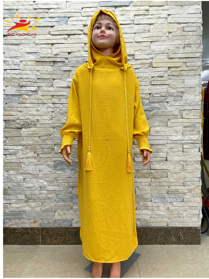Kids Cotton Islamic Dress Full Cover Robe for Muslim Girls with Two-Hat Turkey Diamond Abaya New Eid Ramadan Prayer Garment.