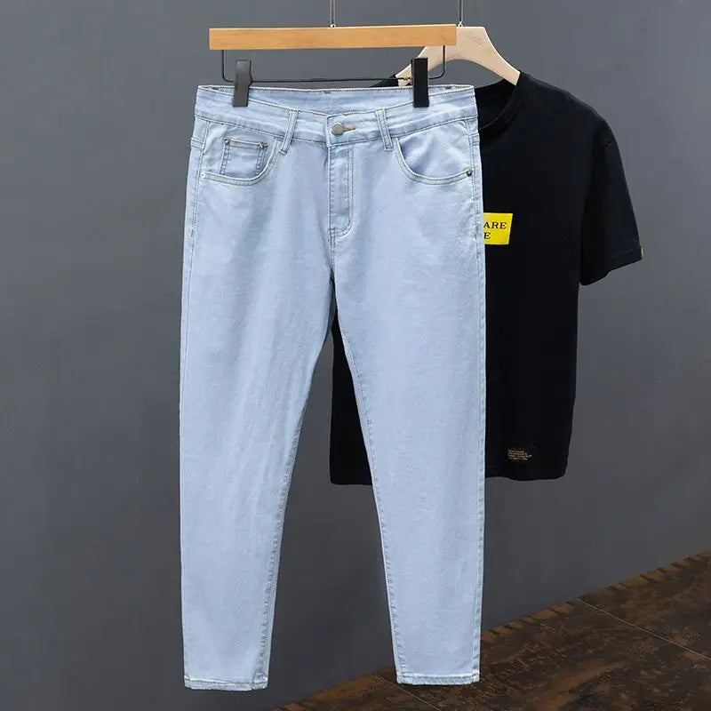White Jeans Men's Slim Straight Ankle-length Soft Comfort Elastic Denim Trousers Fashion Korean Basic Casual Pencil Pants.