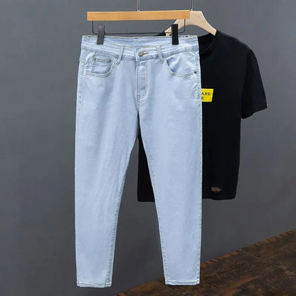 White Jeans Men's Slim Straight Ankle-length Soft Comfort Elastic Denim Trousers Fashion Korean Basic Casual Pencil Pants.