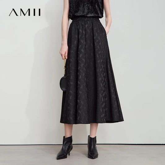 AMII 2025 Arrival Autumn Black A-line Women Skirt  Luxury Style Simple Elegant Elastic Waistband Offcial Lady Blouse 12523037.