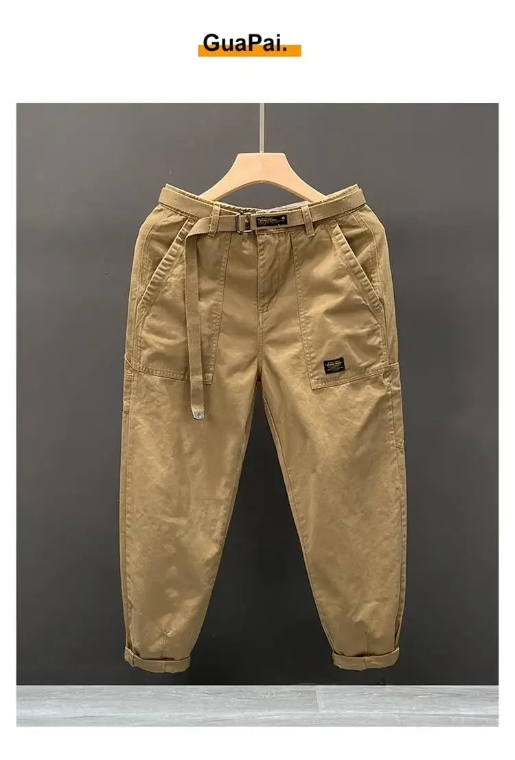 Autumn Summer Wide Leg Cotton Work Trousers Men's Cone Straight Loose Wear Resistant Pocket Pants Retro Wash Casual Workwear.