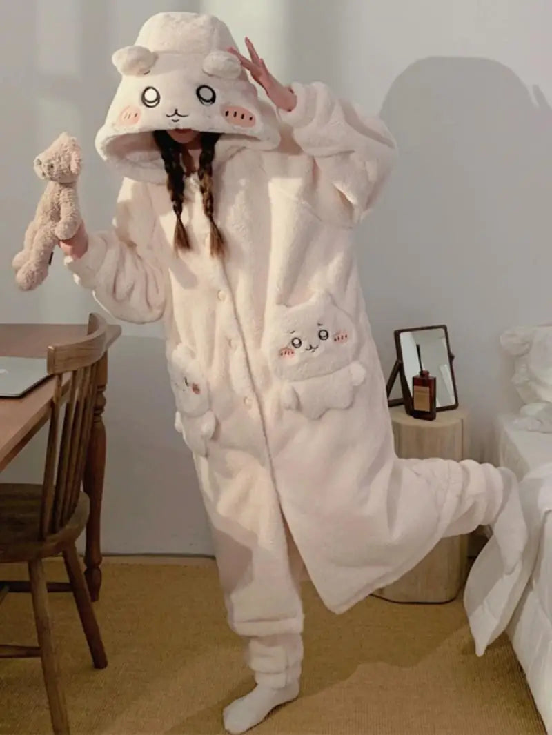 Kawaii Chiikawas Pajamas Coral Velvet Home Wear Long Length Nightgown Thick Cardigan Pant Cartoon Cute Girl Casual Home Clothing