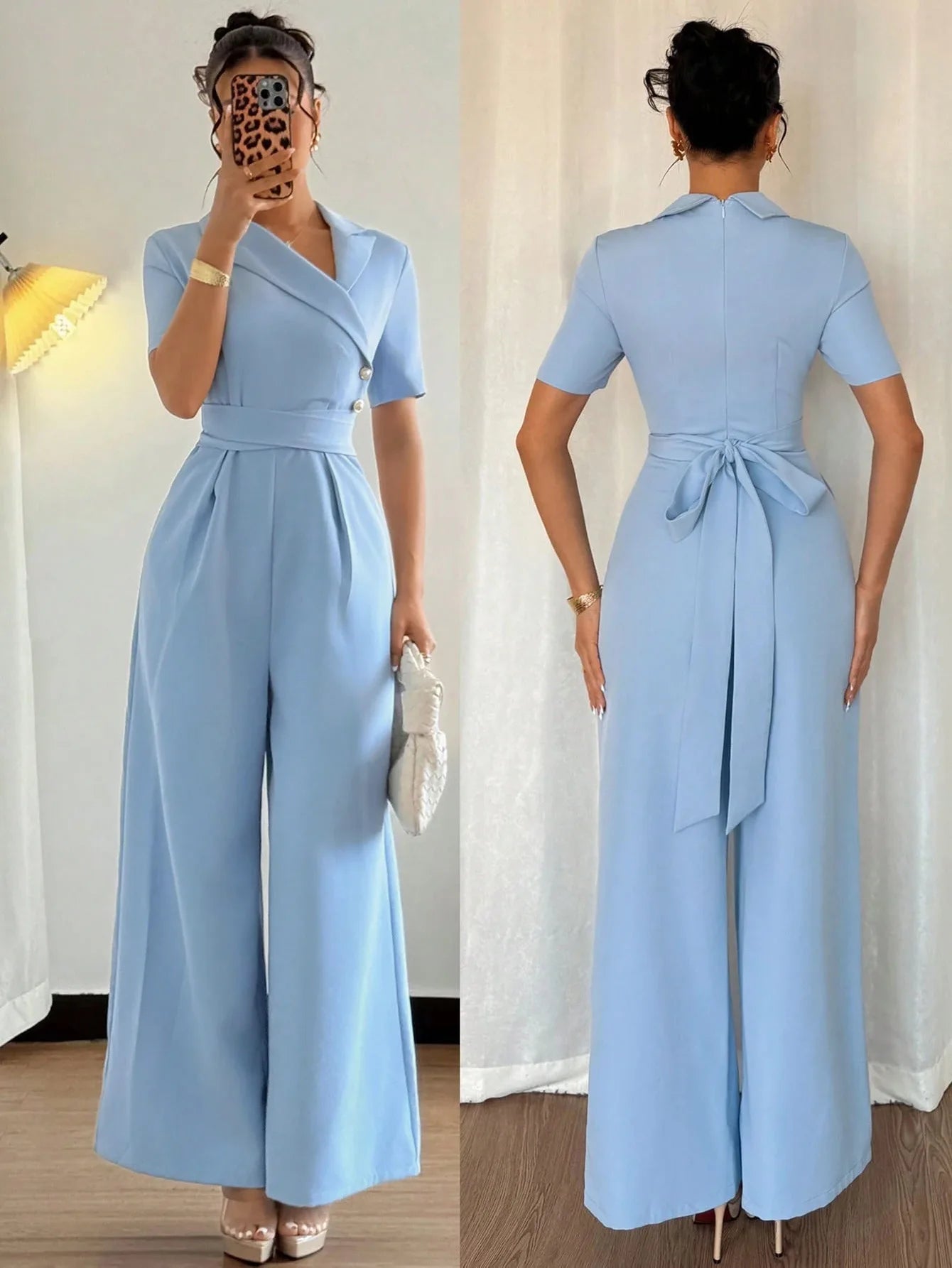 Elegant Blue Wrap Waist Belted Slim Fit Jumpsuit for Women Spring Summer Commute Style Polyester Fabric Three Quarter Sleeve.