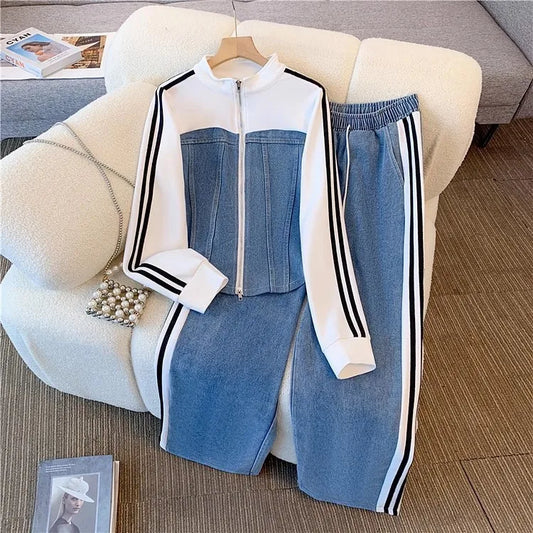 Pant Set Women Two Piece Sets Denim Splice Zipper Matching Sets Casual Coats Wide Leg Long Pants Lace Up Elastic Waist 2025.