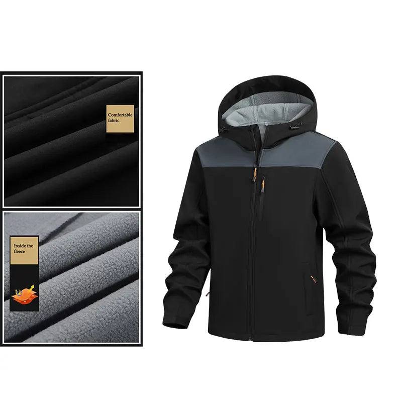Jacket Coat Winter Soft Case Male Outdoor Sports Hooded Coat Multi-pocket Inside Fleece Casual Waterproof Windproof Sport Jacket.
