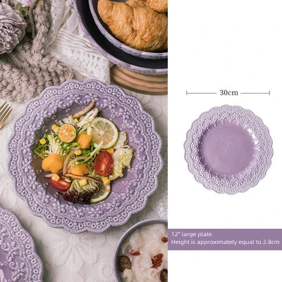 Solid Color Ceramic Tableware Lace Embossed Ceramic Tableware Bowl Plate Cup Rustic Irregular Dinner Plate  Dinner Plates.