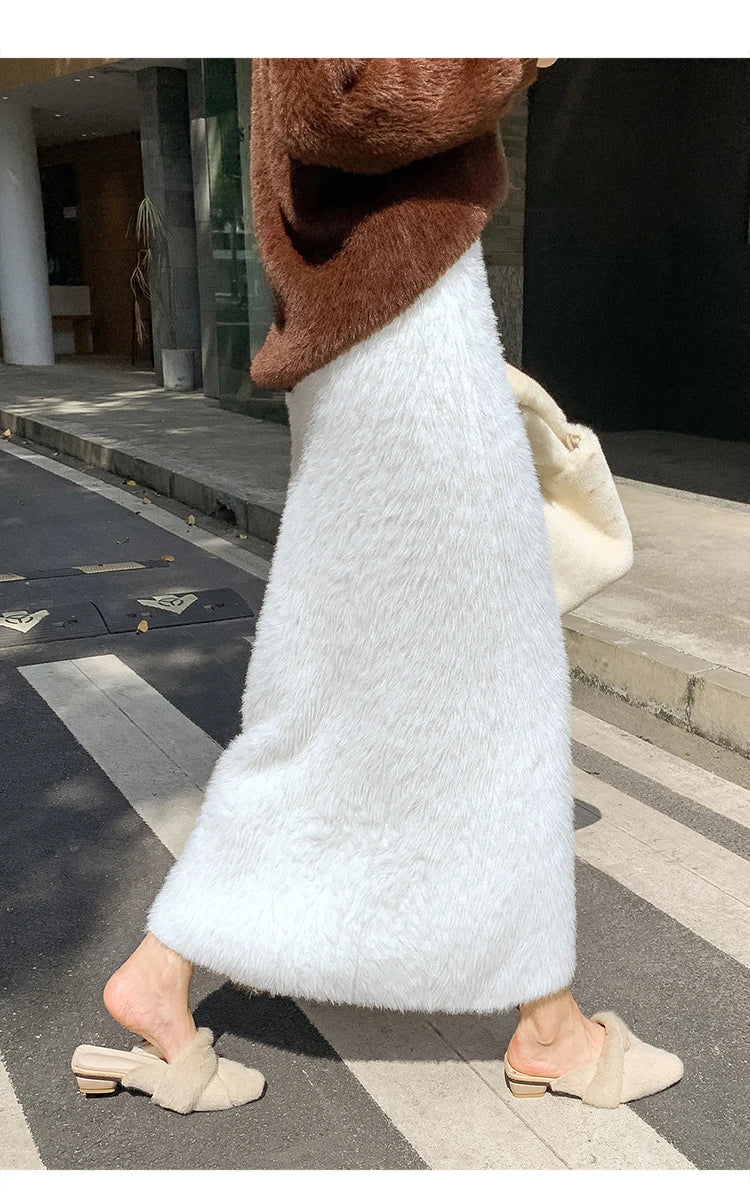 Autumn Winter New Knit Long Skirt Women Casual Thick Korean High Waist Soft A-Line Skirt