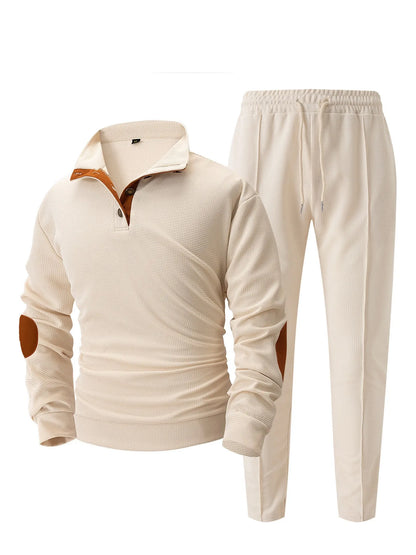 Men's new autumn style American stand-up collar button elbow patch color-block long-sleeve hoodie and pants set.