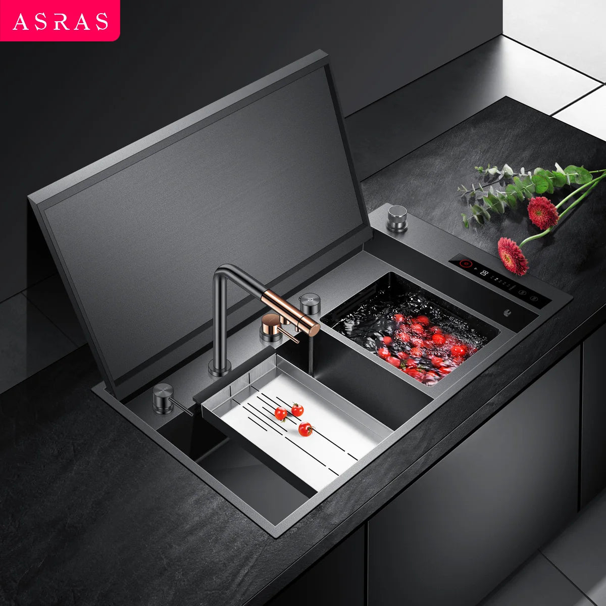 ASRAS Kitchen Sink Stainless Steel Nano Grey Kitchen Sink with Built-in Food Purifier, Hidden Cover & Adjustable Lift Faucet