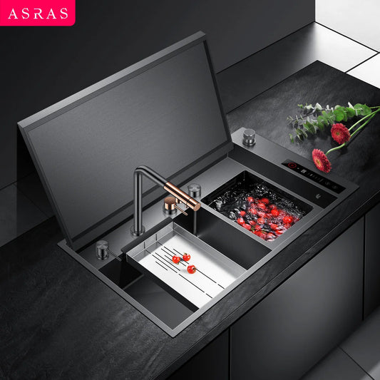 ASRAS Kitchen Sink Stainless Steel Nano Grey Kitchen Sink with Built-in Food Purifier, Hidden Cover & Adjustable Lift Faucet