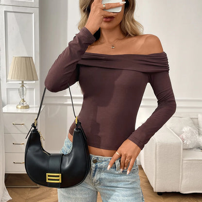 Off-The-Shoulder Women's Blouses Autumn Tops Fashion Patchwork Slim Solid Color Long-Sleeve Female's T Shirts Sexy Y2K Tops 2025.
