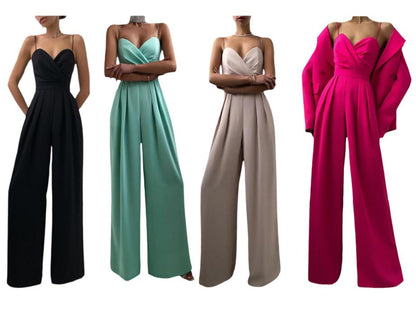 Women's Spaghetti Straps V Neck Jumpsuit Sleeveless High Waist Wide Leg Long Pants Solid Casual Loose Rompers Outfit Overall.
