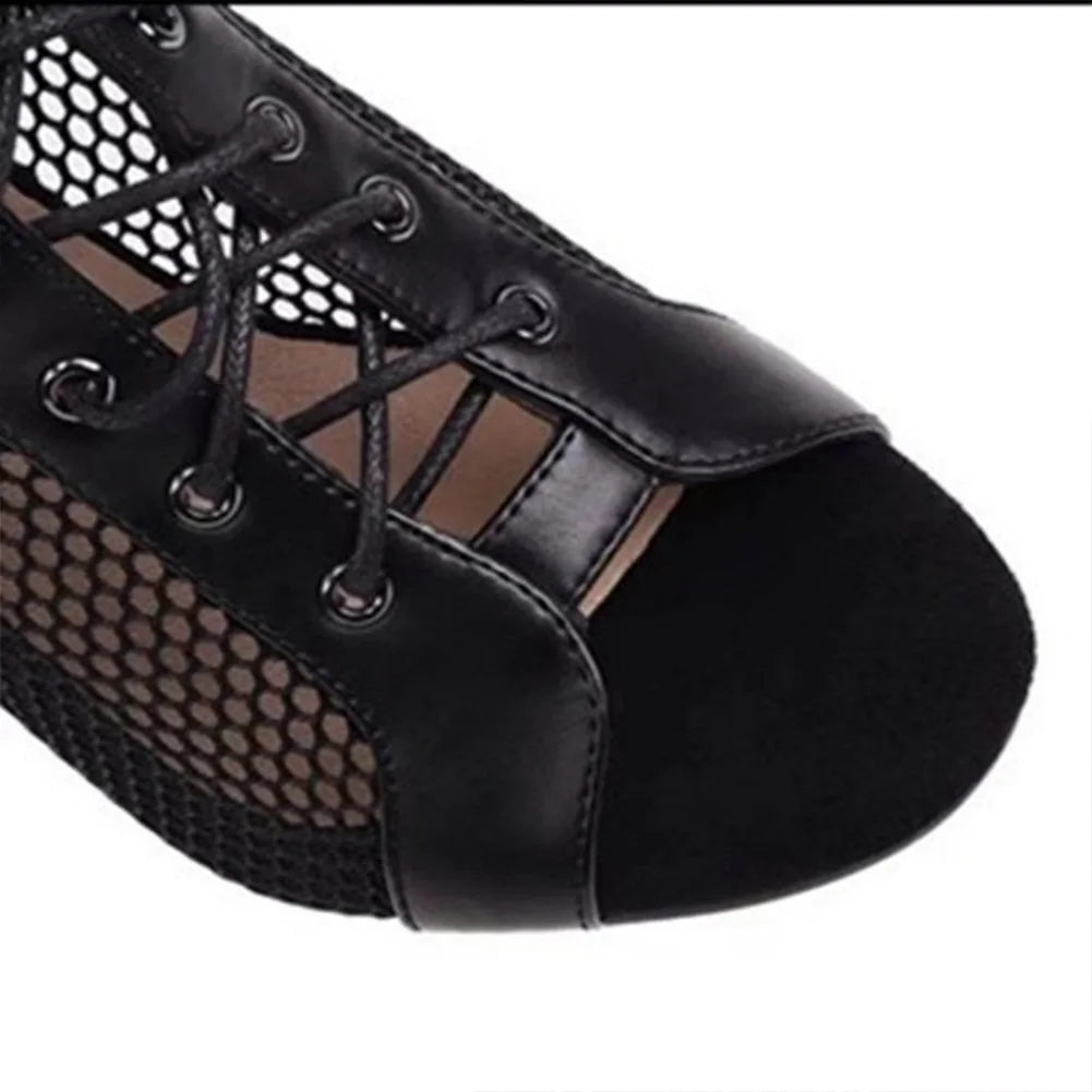 Women Mesh Sandals Breathable High Top Sandals Peep Toe Dance Shoes High Heel Summer Booties for Ballroom.