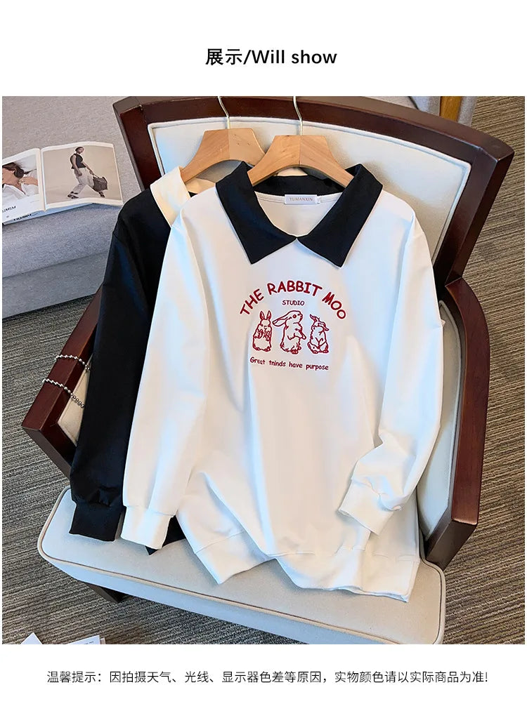 175kg plus size Damen büste Frühling Herbst loser Polo kragen Kaninchen besticktes Sweatshirt schwarz weiß 5xl 6xl 7xl 8xl 9xl.