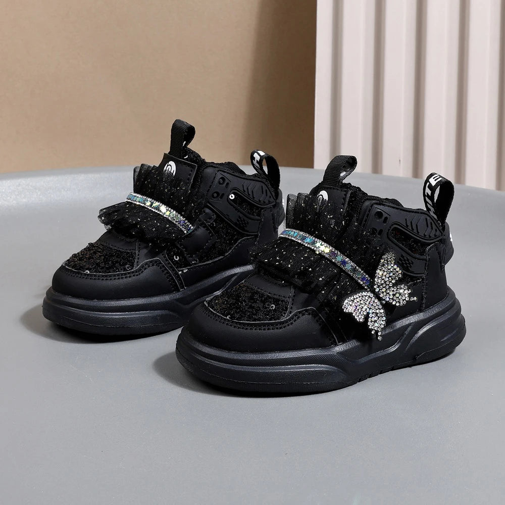 2025 New Autumn Children Shoes Leather Toddler Kids Sport Shoes Bling Bling Cute Butterfly Soft Sole Fashion Girls Sneakers.