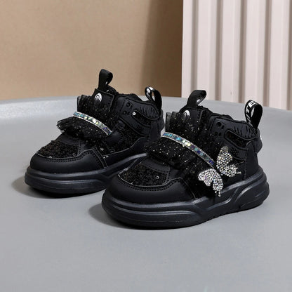 2025 New Autumn Children Shoes Leather Toddler Kids Sport Shoes Bling Bling Cute Butterfly Soft Sole Fashion Girls Sneakers.
